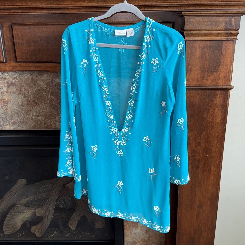Turquoise semi sheer beaded embellished asymmetrical swim cover/ tunic Y2K M - Picture 13 of 13